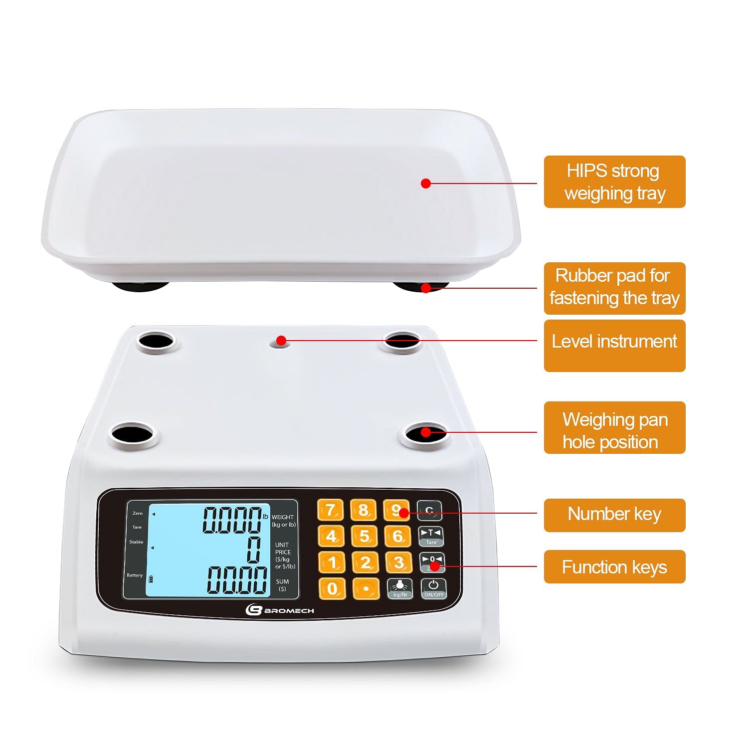 Bromech 66lb Digital Price Computing Scale, USB Rechargeable Commercial  Food Meat Produce Scale