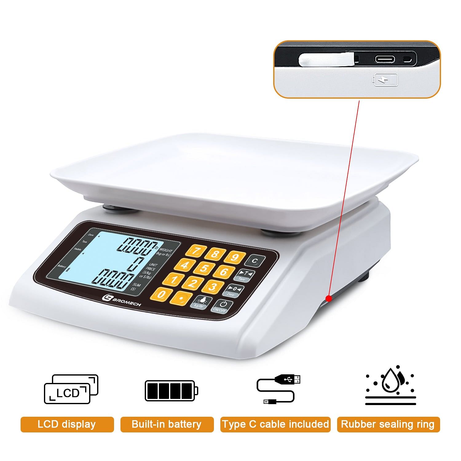 Bromech 66lb Digital Price Computing Scale, USB Rechargeable Commercial  Food Meat Produce Scale