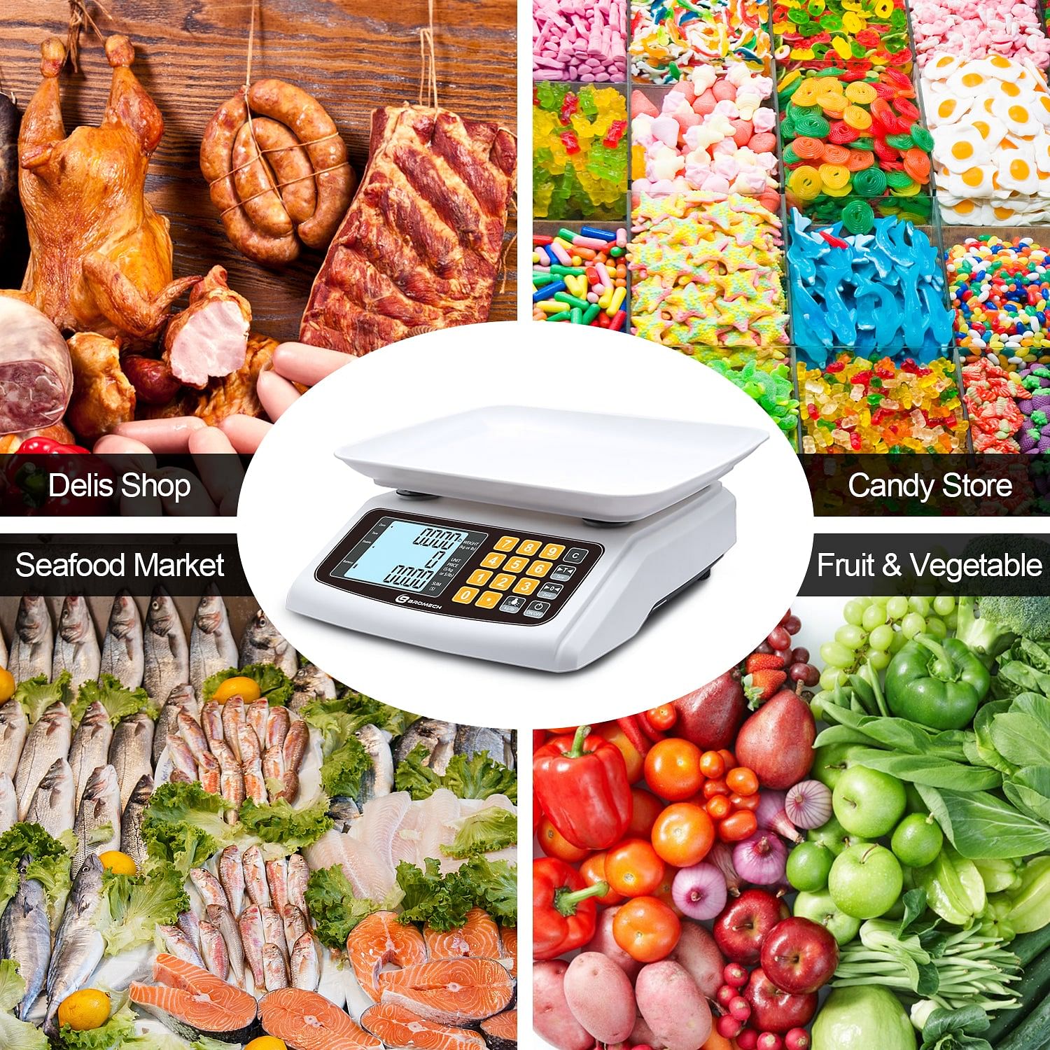 Bromech Food Scale, Price Computing Scale, Ipx7 Waterproof, 66lbs Capacity, White Backlight LCD, Rechargeable Commercial Meat Produce Weight Scale